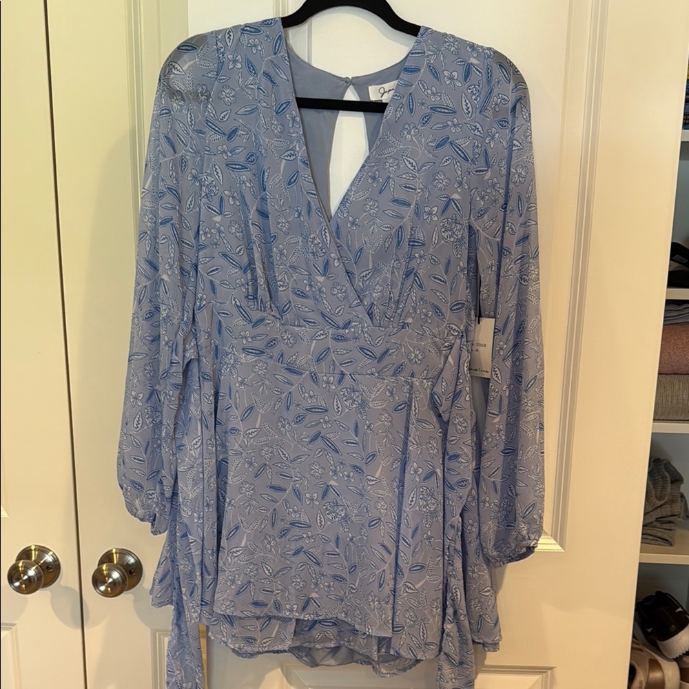 Chic Blue Patterned Long Sleeve Romper